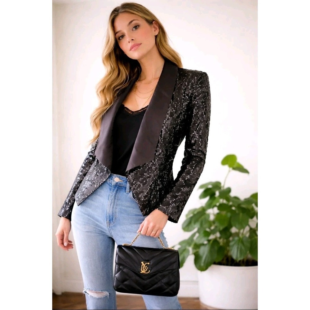 ALICE + OLIVIA Black Sequin Evening Cocktail After Work Jacket Women's Small